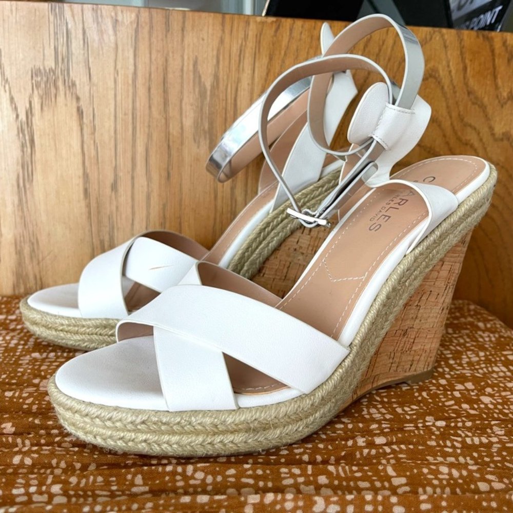 Charles David White & Silver Wedges, Size 8 w/ box